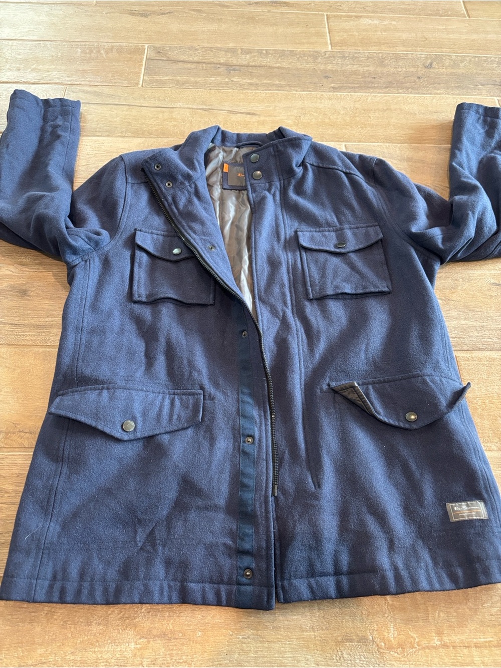 Ben Sherman wool Men’s Blue Military Jacket Mid-Length Full Zip Button Pockets L